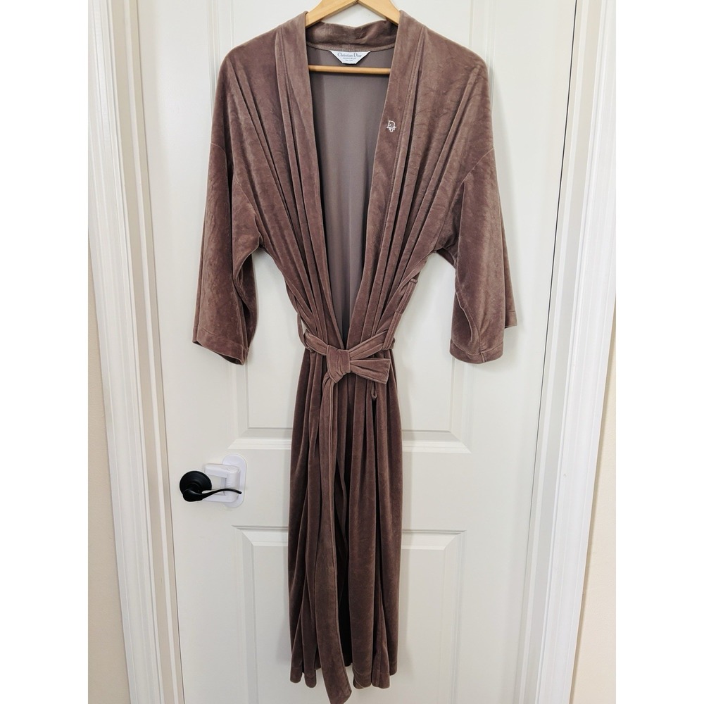 Vintage Christian Dior Monsieur Men's Taupe Velour Robe Belted Lounge Bath Robe*